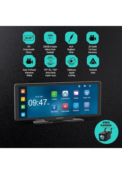 Polosmart Psm700 Araç İçi Akıllı Ekran Ön Ve Arka Kameralı Kablosuz Carplay Ve Android Auto Destekli