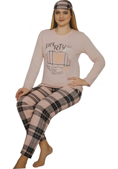 Abarta Kadın Pamuklu Desenli Uzun Kol Pijama Takımı Göz Bandı Hediyeli Somon