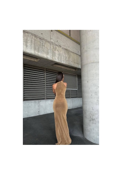 DefyModa Kadın Bisiklet Yaka Yırtmaçlı Balık Kesim Abiye Elbise Altın