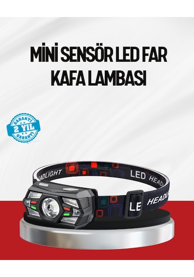 Sensörlü Led Kafa Lambası Kırmızı Beyaz Işık Ayarlanabilir Açık Gri