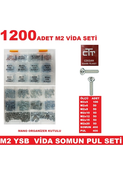 M2 Ysb Vida Seti 1200 Parça Metrik 2 MM Somun Vida Seti