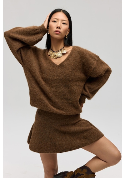 Mai Collection Mai Studios Co. Nordis Volanlı Açık Kahve Triko Mini Etek Acık Kahve
