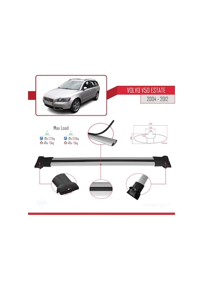 Volvo V50 2004-2012 Arası İle Uyumlu Fly Model Ara Atkı Tavan Barı Gri 3 Adet Bar