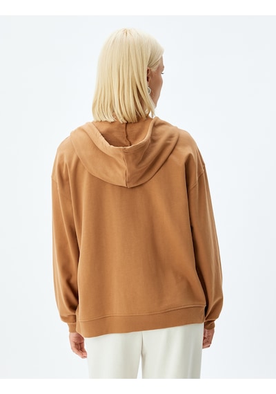 Koton Fermuarlı Kapşonlu Sweatshirt Uzun Kollu Üç İplik Pamuklu Deve Tüyü 5wak10225ek Taba
