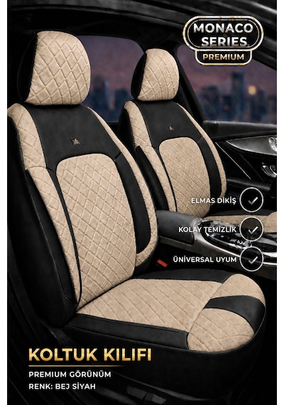 Vw Golf 7 Kasa 2013-2020 Uyumlu Monaco Serisi Eviza Deri Detaylı Bej Siyah Koltuk Kılıfı
