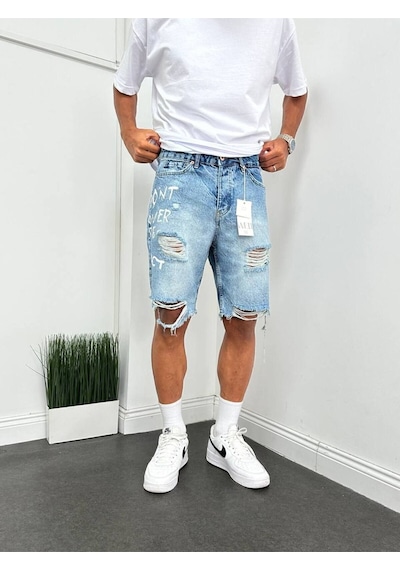 Kaizer Denim Boyfriend Yırtık Detaylı Baskılı Kot Kapri Şort Mavi
