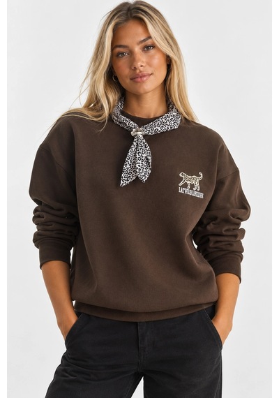 Mevese Bisiklet Yaka Nakışlı Kadın Sweatshirt - Üç İplik Şardonlu Oversize Şık Tasarım - Acı Kahve Kahverengi
