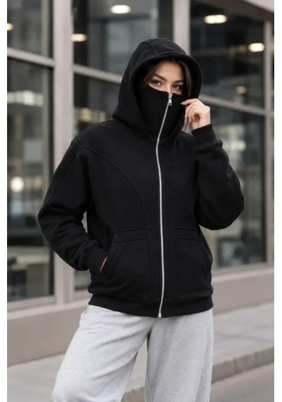DefyModa Maskeli Ninja Model Çift Kapüşonlu 3 İplik Şardonlu Fermuarlı Oversize Sweatshirt - Siyah
