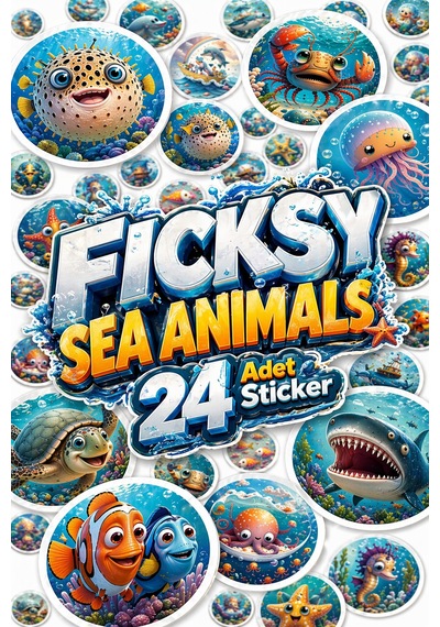 Sevimli Deniz Canlıları Sticker Seti - 24 Adet Balık, Yengeç, Ahtapot Yuvarlak Etiket Çıkartma Diğer