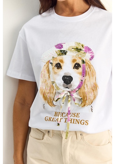 Shade Kadın Baskı Ve Payet Detaylı Fiyonklu Basic T-shirt 7643 60286115 - Beyaz
