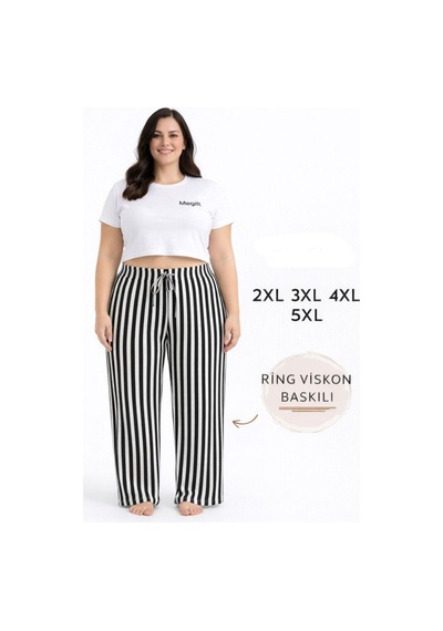 Viskon Pamuklu Kadın Büyük Beden Siyah Çizgili Pijama Pantolon - Mgb001 - Mudanis