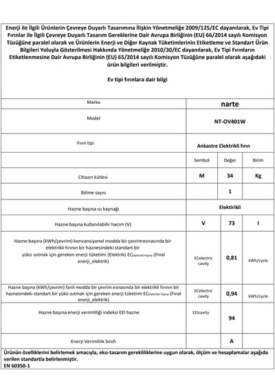 Narte NT-OV401W 73 L Ankastre Fırın Beyaz