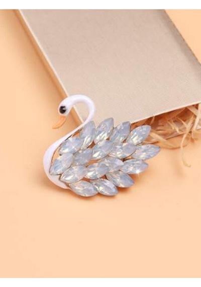 Mekik Taşlı Mineli Kuğu Broş-4.5 Cm Beyaz