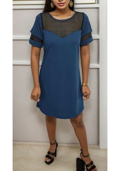 Mythrıva Kadın Kısa Kollu Kalp Yaka Göğüs Tül Detay Krep Elbise Mavi