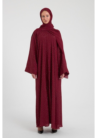 Şakika Shine Taşlı Abaya Ferace & Şal - Standart Beden & Farklı Boy Bordo