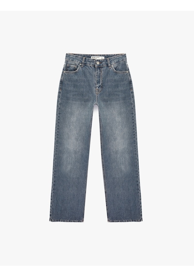 Koton Pamuklu Cepli Düğmeli Yüksek Bel Düz Paça Denim Pantolon - Straight Fit Jean Açık İndigo 6sal40111md