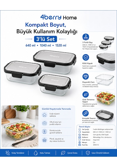 3 Lü Dikdörtgen Cam Saklama Kabı Seti 640 Ml + 1040 Ml + 1520 Ml İnoks Kapaklı Kilitli Yemek Kabı Şeffaf