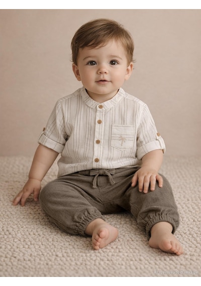 Civil Baby Çizgili 6-18 Ay Gömlek - Ekru 18-24 Ay Ekru