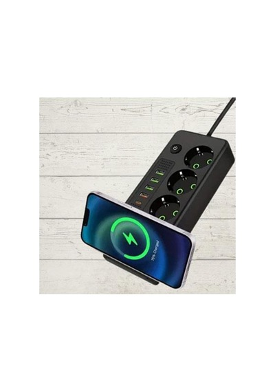 3 Lü Temassız Hızlı Şarj 4 Usb' Li 1 Typ-c Girişli Grup Priz Siyah Renk