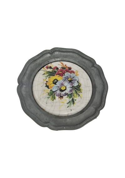 Vintage Zınn Çerçeveli Dekoratif Çiçek Temalı Duvar Tabağı 10cm 012