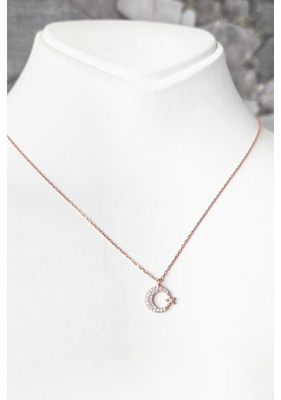 Beyaz Taşlı Küçük Ay Yıldız Gümüş Kolye Rose Gold