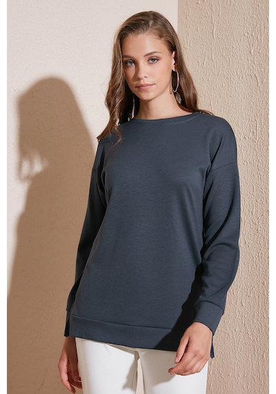 Lela Streç Oversize Fit Bisiklet Yaka Modal Kumaş Bayan Sweat 5865877 Füme