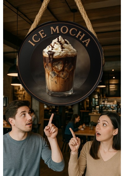 Ice Mocha Temalı Yuvarlak Cafe Tabelası, Jüt İpli Ahşap Duvar & Kapı Dekoru, Barista Tarzı Süs