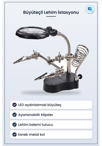 Led Işıklı Büyüteç Lehimleme İstasyonu Yardımcı Klipsli Masaüstü