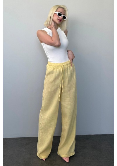 Madmext Sarı Bol Paça Müslin Kadın Pantolon Mg1980 Sarı