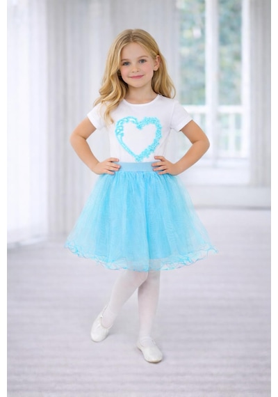 Dıgıl Kids Kız Çocuk Kalp Desenli T-shirt Etek Takım Turkuaz