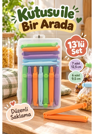 13 Adet Kutulu 2 Farklı Boy Renkli Poşet Kapatma Klipsi Mutfak Paket Ağzı Kapatıcı Düzenleyici Klips