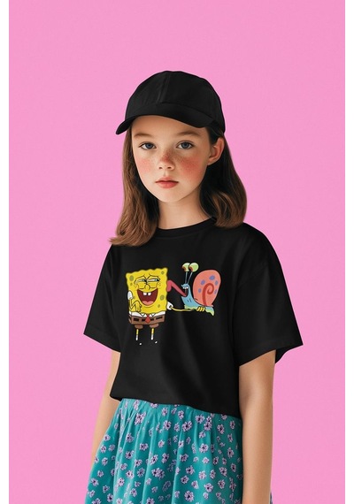 Sevbano Unisex Süngerbob Ve Salyangoz Baskılı Çizgi Film Çocuk Tişört 1- Siyah