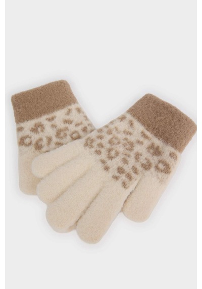 Defacto Kız Çocuk Leopar Desenli Triko Eldiven F5144a825wnbg300 Bej-bg300