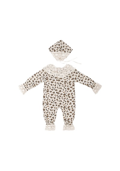 By Bebekodam Kız Bebek Beyaz Kahve Leopar Desenli Bereli Fistolu Tulum