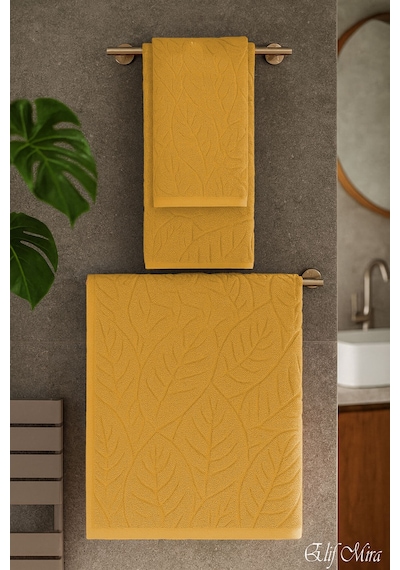 Banyo & Yüz Havlusu Seti Dokulu %100 Pamuk 90x150 + 50x90 Cm Foliva Hardal