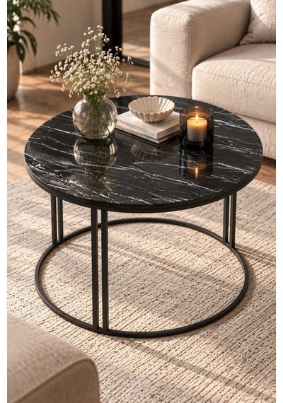 Sulorahome Siyah Orta Sehpa 70 Cm Çapında Yuvarlak Salon Sehpası