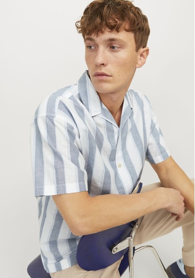 Jack & Jones Erkek Keten Karisimli Çizgili Gömlek - Ccsummer 12251116 Captains Blue Mavi