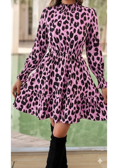 Moderie Butik Kadın Uzun Kollu Yarı Balıkçı Yaka Leopar Desenli Modal Mini Elbise Desenli Moderie Butik Kadın Uzun Kollu Yarı Balıkçı Yaka Leopar Desenli Modal Mini Elbise Desenli
