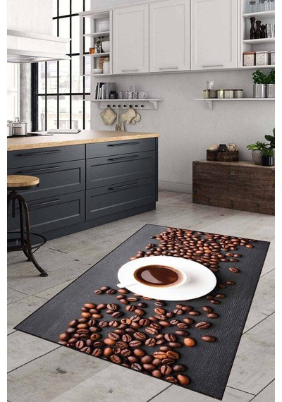 Kahverengi Kaymaz Tabanlı Kahve Desenli Mutfak Halısı Ar1257n11