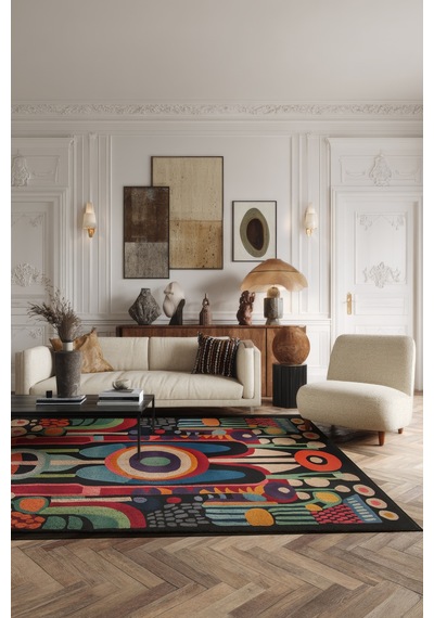 Artevo 10 Siyah Renkli Tasarım Soyut Desenli Halı İnce Halı Kilim Halı Oturma Odası Salon Halısı Renkli L