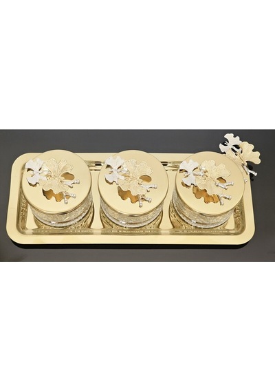 Atabey Home Collection 3'lü Kelebekli Gold Tepsili Kase Seti & Şekerlik & Sunumluk & Çerezlik