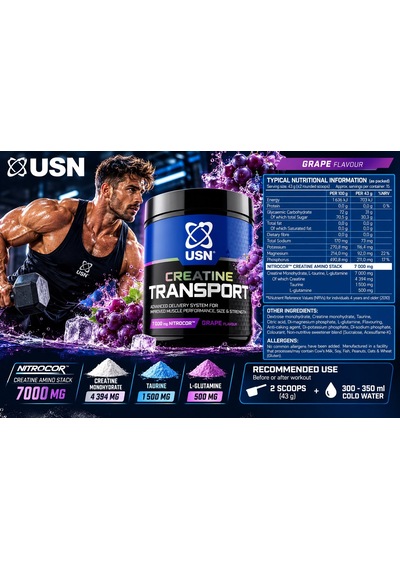 Usn Creatine Amino Glutamine Stack Transport 650 Gram - Grape Komplex Kreatin Takviyesi Aromalı
