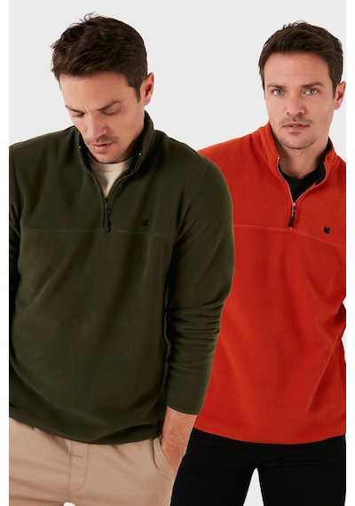 Buratti Slim Fit Anti-Pilling Tüylenme Yapmayan Bato Yaka Şardonlu 2'Li Paket Erkek Polar 5906001S2 Haki-Oranj