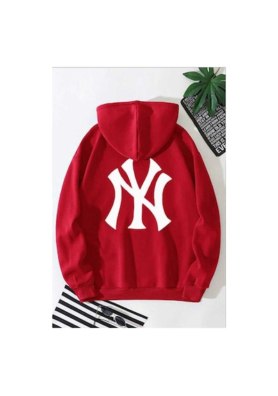 Herkesemoda Ön Ve Arka Baskılıı Kapüşonlu Sweatshirt Kırmızı