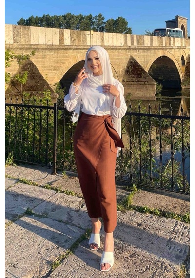 Qenz Fiyonk Bağlamalı Keten Etek - Kahverengi Kahverengi