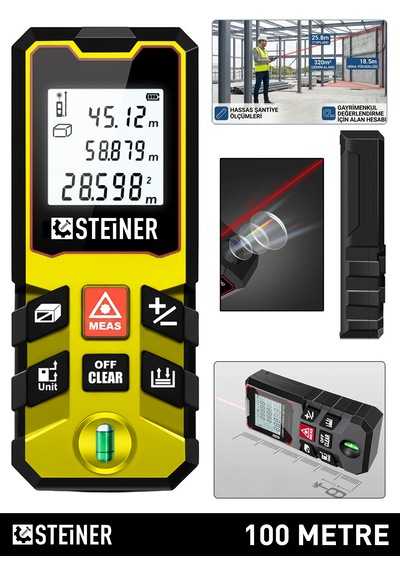 Steiner 100 Metre Su Terazili Uzunluk Alan Hacim Pisagor Ölçüm Cihazı Dijital Mesafe Ölçer Lazer Metre Sarı