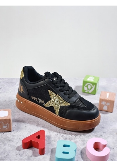 Nstil Kız Çocuk Simli Yıldız Detaylı Sneaker Bağcıklı Günlük Spor Ayakkabı 5006 Siyah