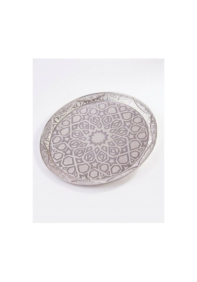 Gümüş Renk Selçuklu Motifi Zamak Metal Yuvarlak Lüks Servis-tepsisi 35 Cm