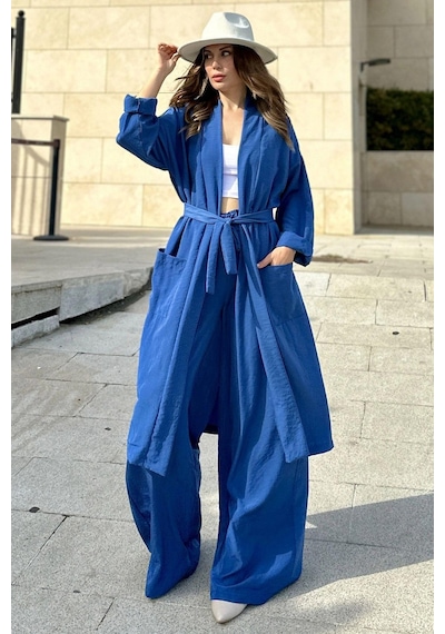 WeShaya Kadın İndigo Çift Cepli Uzun Kimono & Bol Paça Pantolon - Salaş Alt & Üst Takım Indigo