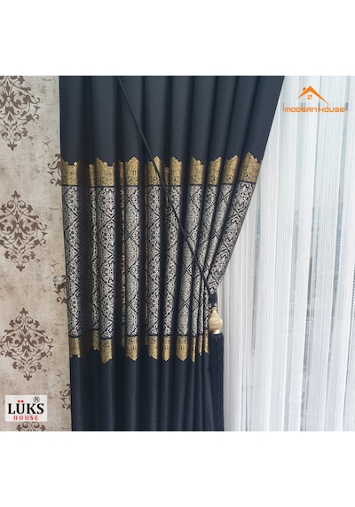 Lüks Siyah Fon Pano Perde Sık Pile Tek Kanat - Modern House Siyah